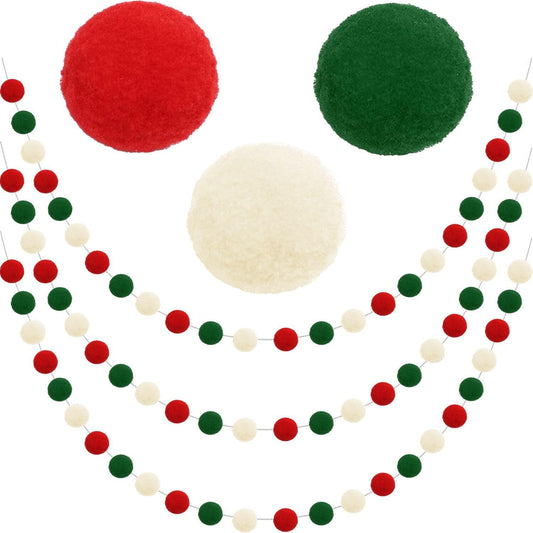 Christmas Pom Pom Garland Christmas Decorations for Tree Indoor Home Room Decor 3Pk Cute Hanging Felt Ball Red White Green Pompom Bead Ornament String Banner Garland Xmas Birthday Party Supplies