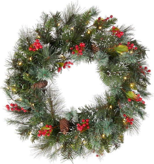 Pre-Lit Artificial Christmas Wreath, Green, Wintry Pine, White Lights, Decorated with Pine Cones, Berry Clusters, Frosted Branches, Christmas Collection, 24 Inches