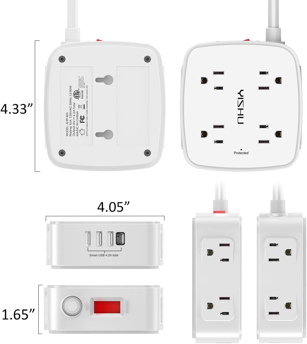 6 Ft Surge Protector Power Strip - 8 Widely Outlets with 4 USB Ports, 3 Side Outlet Extender with 6 Feet Extension Cord, Flat Plug, Wall Mount, Desk USB Charging Station, Etl,White