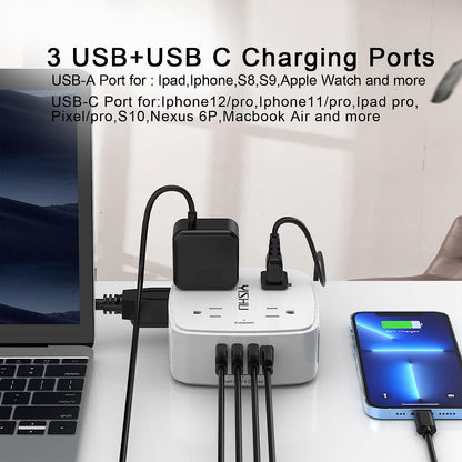 6 Ft Surge Protector Power Strip - 8 Widely Outlets with 4 USB Ports, 3 Side Outlet Extender with 6 Feet Extension Cord, Flat Plug, Wall Mount, Desk USB Charging Station, Etl,White