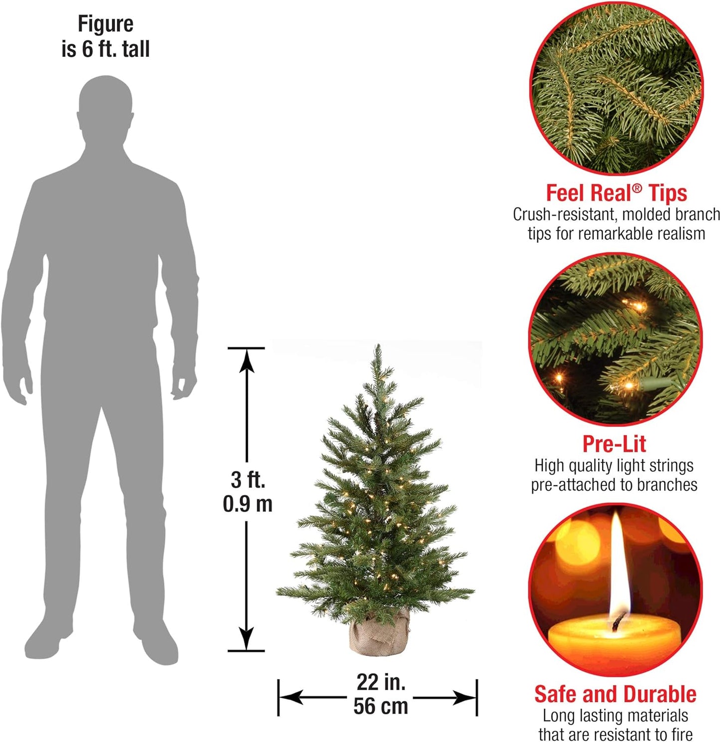 Pre-Lit 'Feel Real' Artificial Mini Christmas Tree, Green, Nordic Spruce, White Lights, Includes Burlap Bag Base, 3 Feet