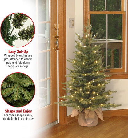 Pre-Lit 'Feel Real' Artificial Mini Christmas Tree, Green, Nordic Spruce, White Lights, Includes Burlap Bag Base, 3 Feet