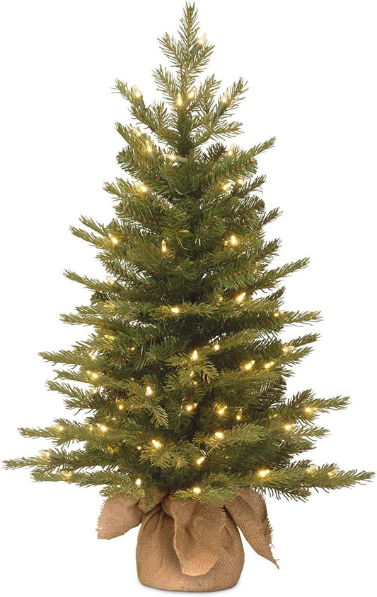 Pre-Lit 'Feel Real' Artificial Mini Christmas Tree, Green, Nordic Spruce, White Lights, Includes Burlap Bag Base, 3 Feet